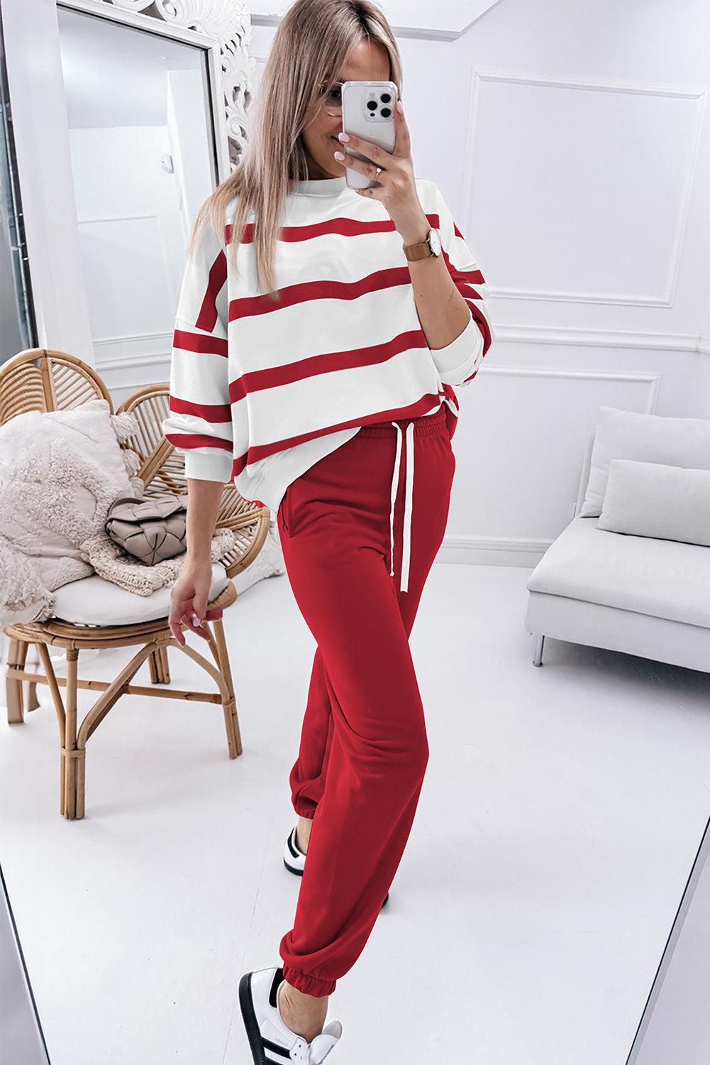 Red Stripe Drop Shoulder Pullover and Jogger Pants Set Pant Sets JT's Designer Fashion