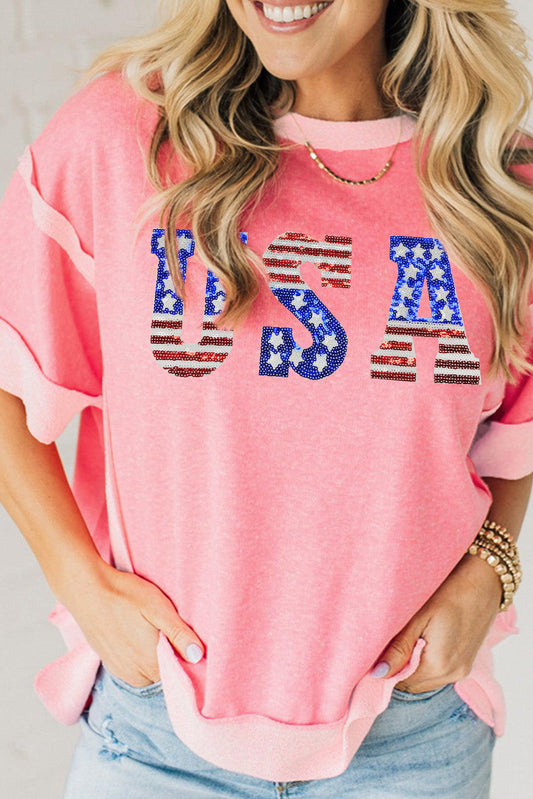 Peach Blossom USA Color Block High Low Crew Neck T Shirt Graphic Tees JT's Designer Fashion