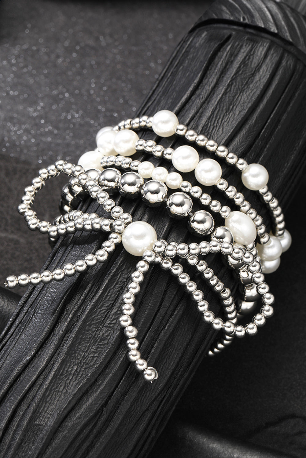 Silvery Bow Knot Pearl Beaded Multi Layered Bracelet Set Jewelry JT's Designer Fashion