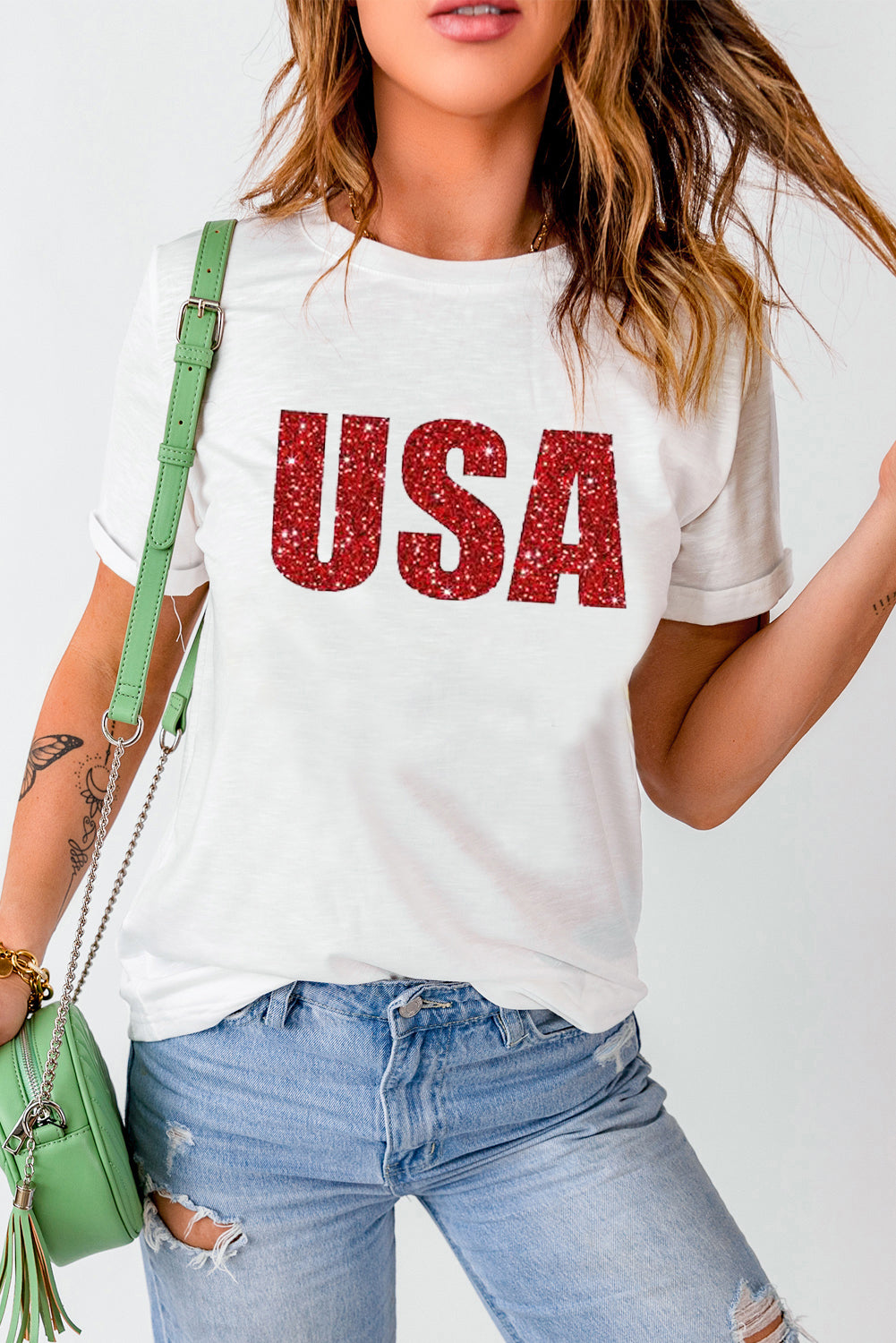 White USA Glitter Pattern Print Short Sleeve T Shirt Graphic Tees JT's Designer Fashion