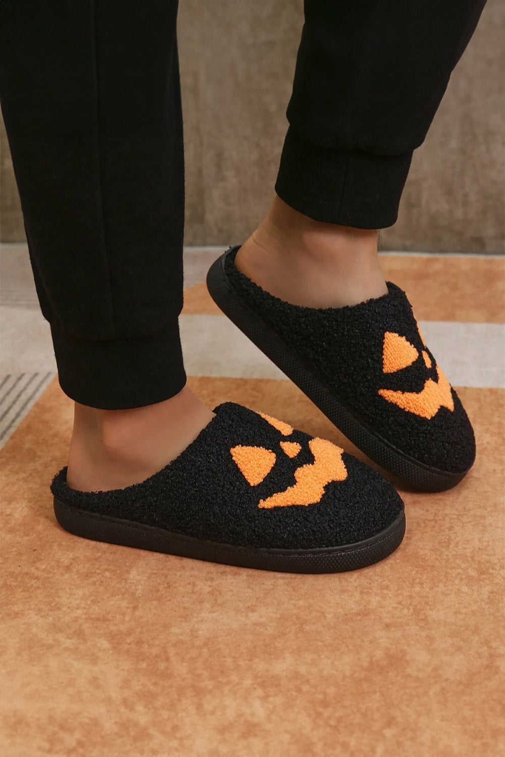 Black Halloween Pumpkin Face Graphic Plush Slippers Slippers JT's Designer Fashion