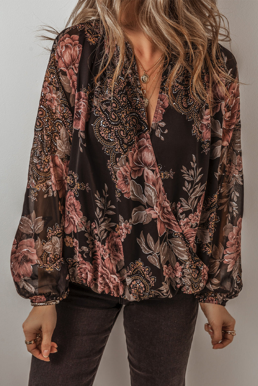 Black Floral Print Criss Cross V Neck Balloon Sleeve Blouse Blouses & Shirts JT's Designer Fashion