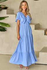 Sky Blue Textured V Neck Flutter Sleeve Ruffled Maxi Dress Maxi Dresses JT's Designer Fashion