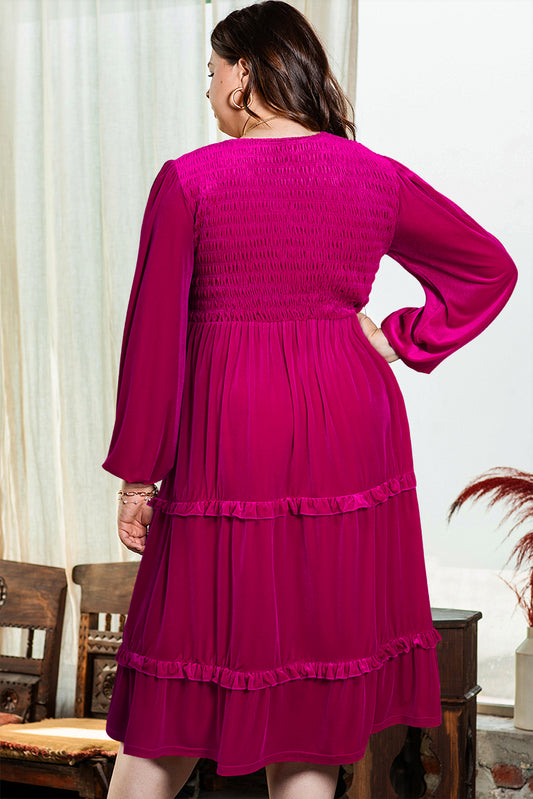 Rose Red Shirred V Neck Tiered Ruffled Velvet Plus Size Maxi Dress Plus Size Dresses JT's Designer Fashion