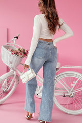 Beau Blue Splash Ink Printed High Waist Wide Leg Jeans Bottoms JT's Designer Fashion