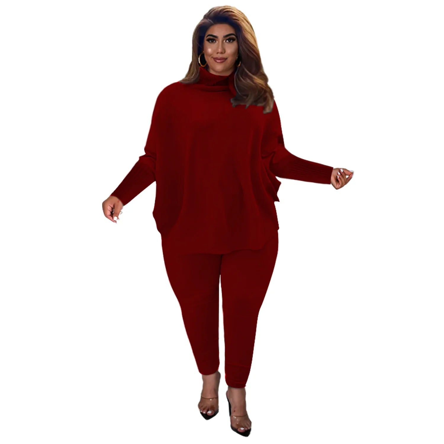 Women 2 Piece Set Casual Solid Bat Sleeve Red JT's Designer Fashion