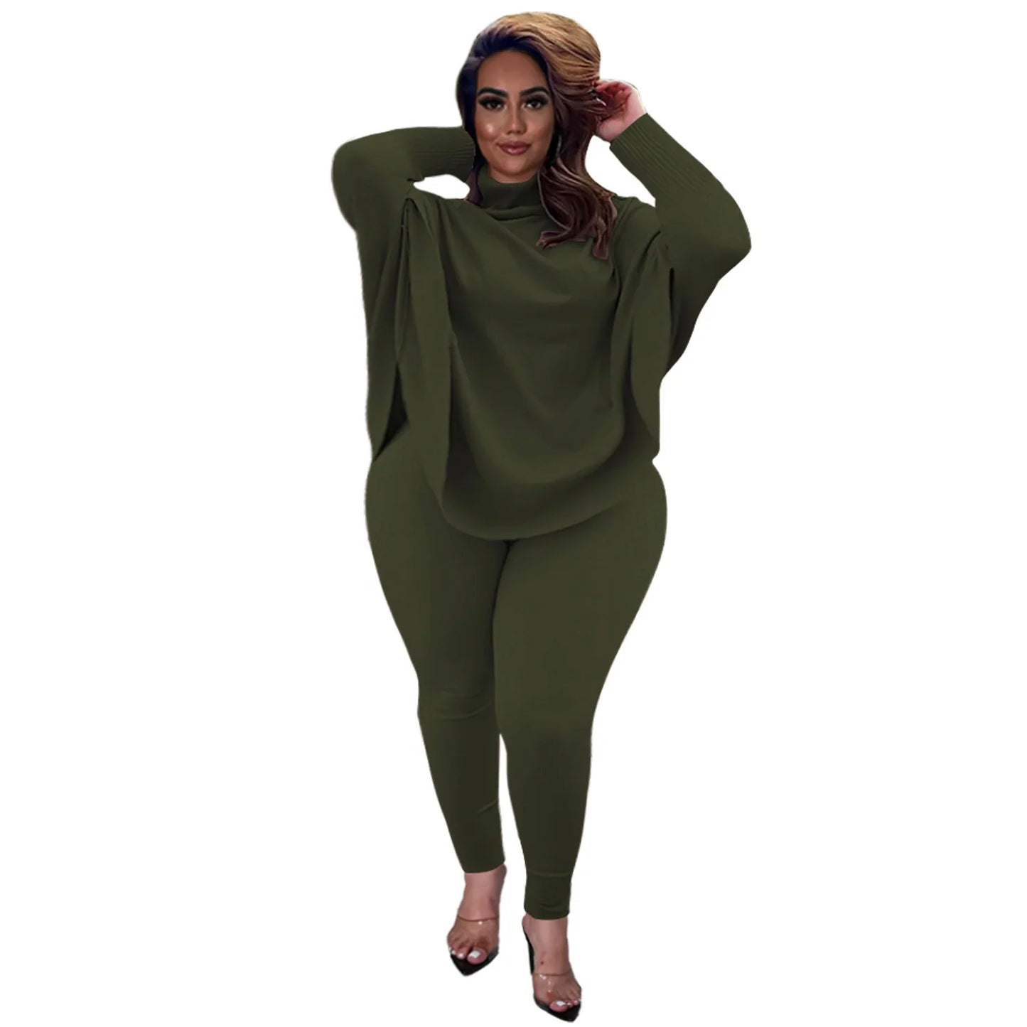 Women 2 Piece Set Casual Solid Bat Sleeve army green JT's Designer Fashion