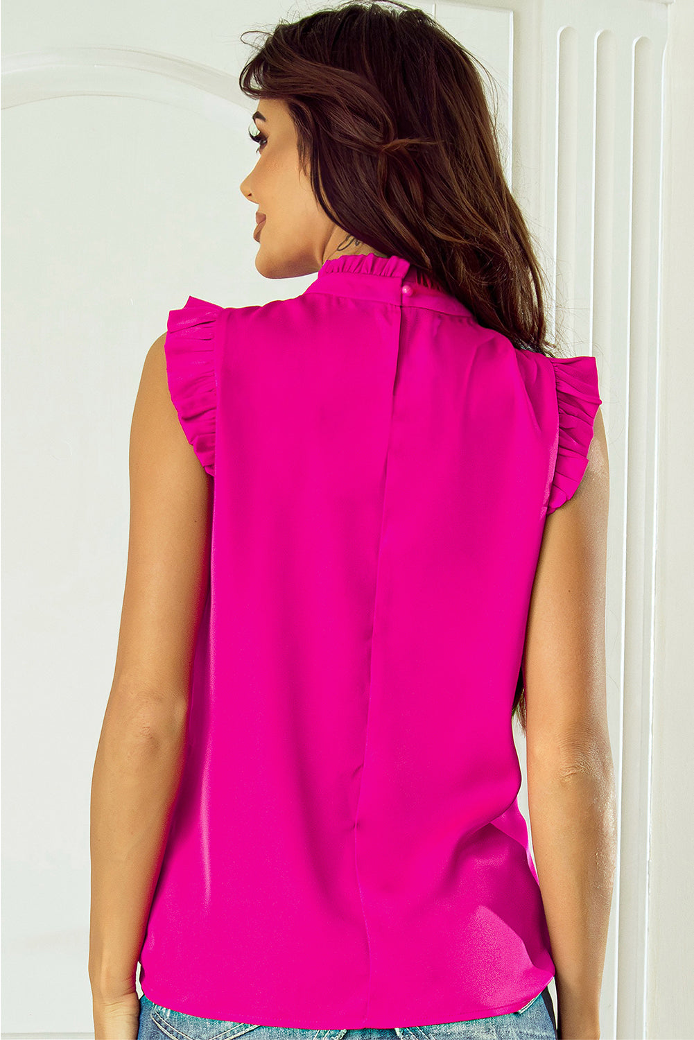 Barbie Style Bright Pink Pleated Mock Neck Frilled Trim Blouse Tank Tops JT's Designer Fashion