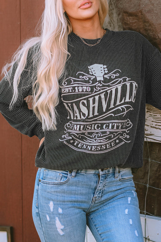 Nashville Music City Corded Graphic Sweatshirt Black 75%Polyester+20%Viscose+5%Elastane Graphic Sweatshirts JT's Designer Fashion