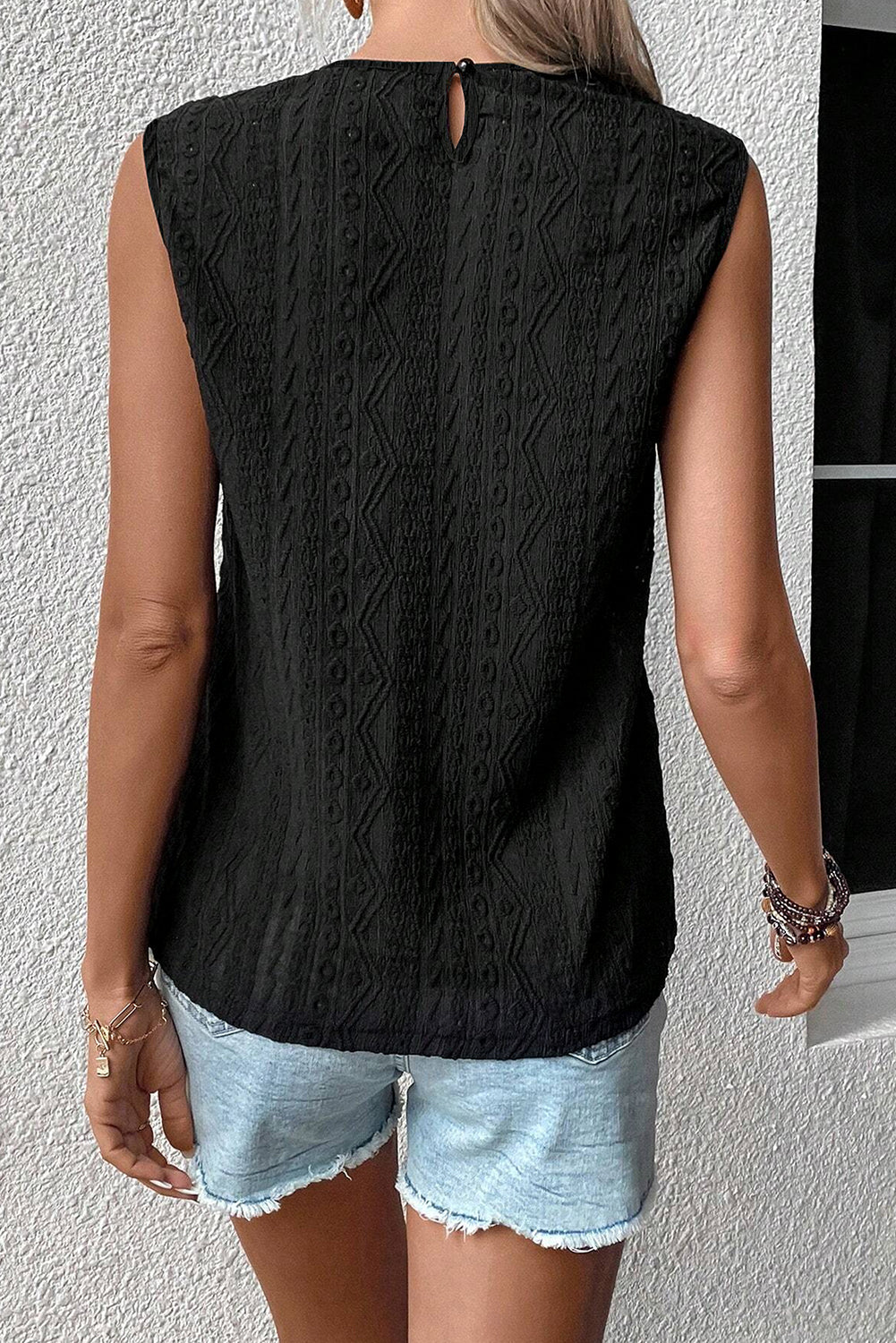 Black Button Split Neck Frilly Detail Sleeveless Top Tank Tops JT's Designer Fashion