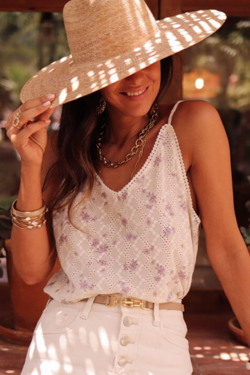 White Flower Embroidered Lace Crochet V Neck Tank Top Tank Tops JT's Designer Fashion