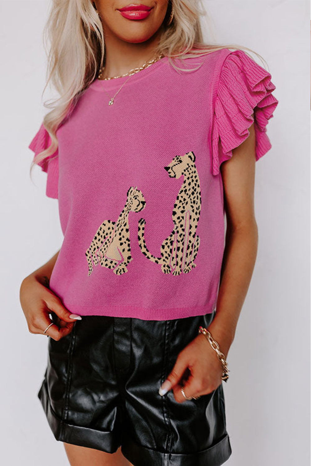 Pink Leopard Ruffled Sleeve Round Neck Knit Sweater Sweaters & Cardigans JT's Designer Fashion