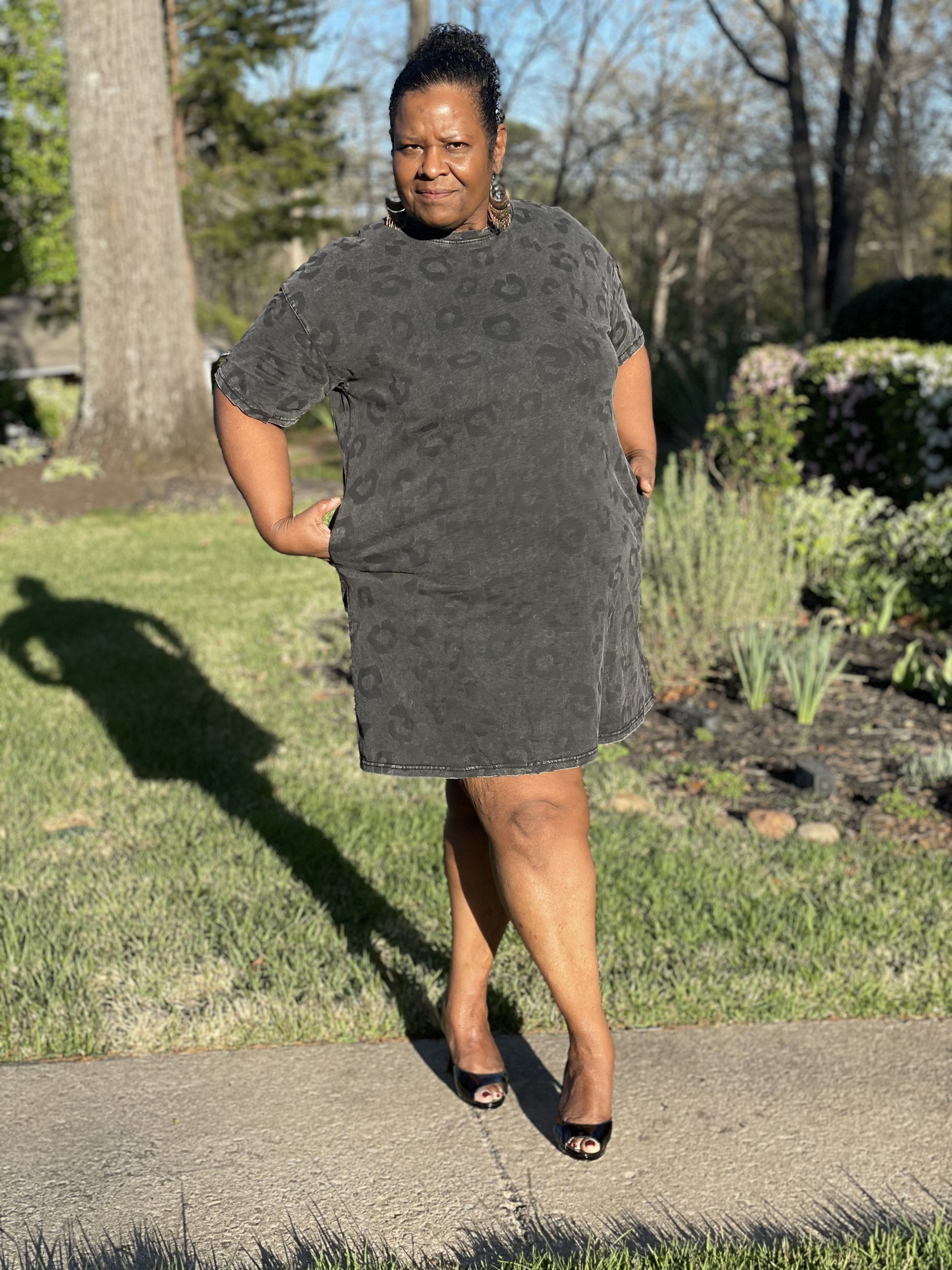 Gray Vintage Washed Leopard T-Shirt Dress with Pockets T Shirt Dresses JT's Designer Fashion