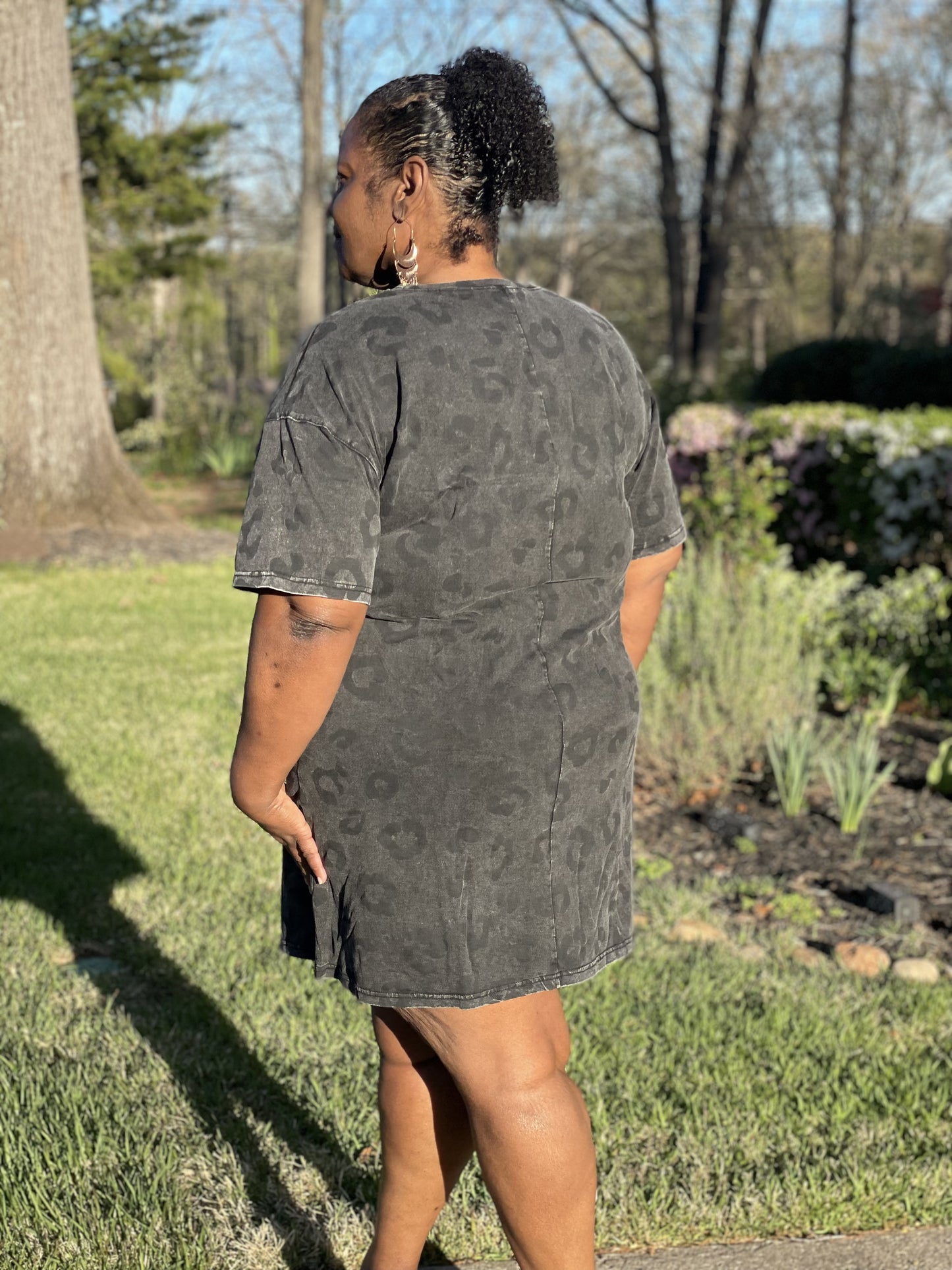 Gray Vintage Washed Leopard T-Shirt Dress with Pockets T Shirt Dresses JT's Designer Fashion