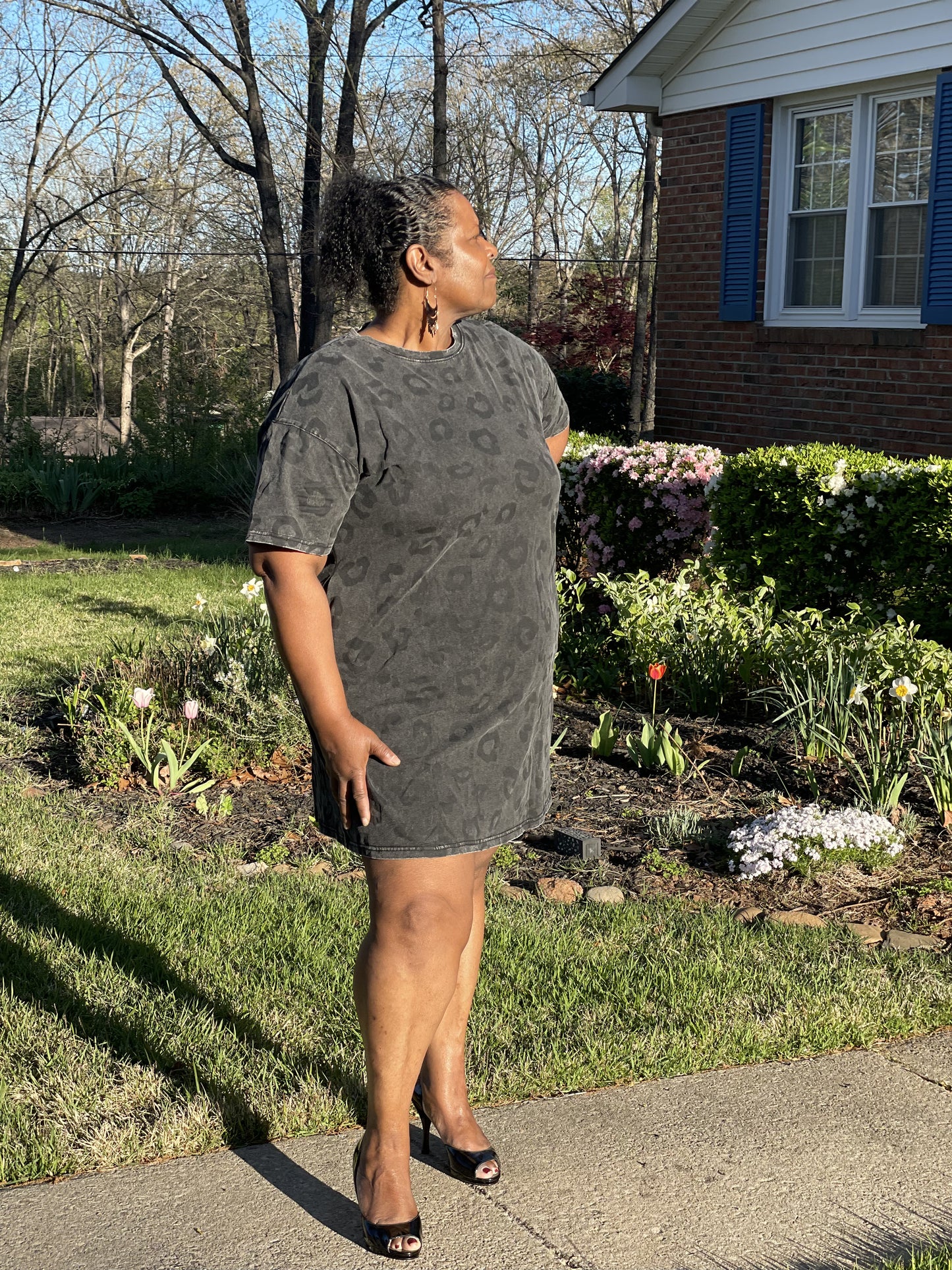 Gray Vintage Washed Leopard T-Shirt Dress with Pockets T Shirt Dresses JT's Designer Fashion