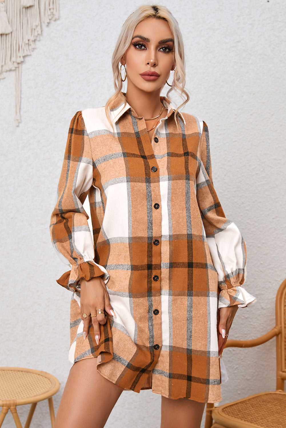 Khaki Plaid Pattern Collared Neck Ruffled Sleeve Shirt Dress Dresses JT's Designer Fashion