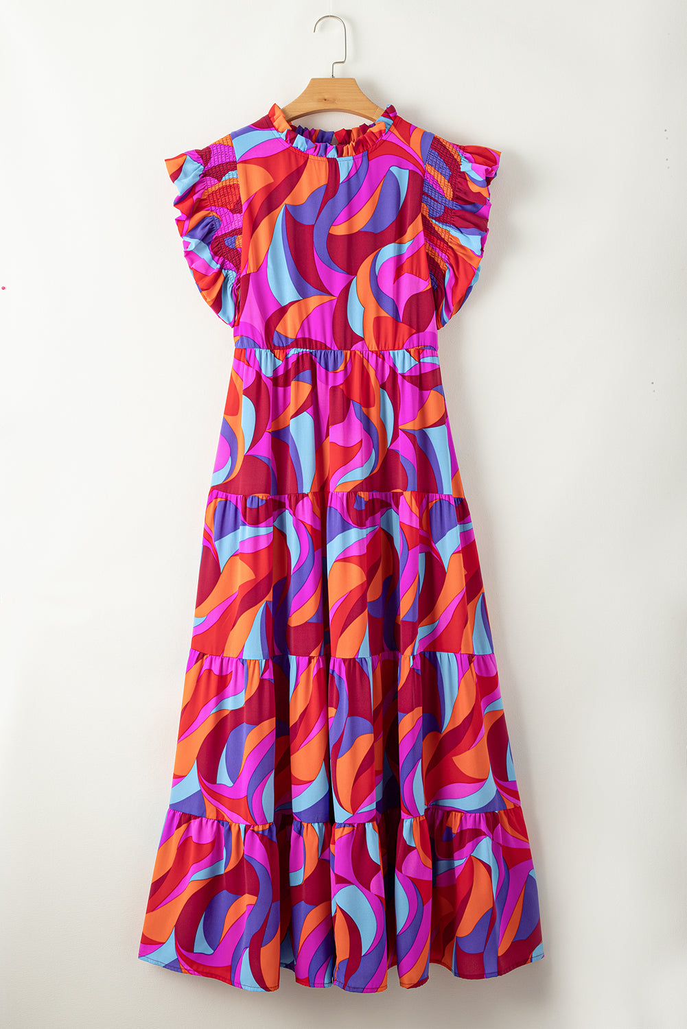 Orange Abstract Printed High Waist Ruffle Tiered Long Dress Maxi Dresses JT's Designer Fashion