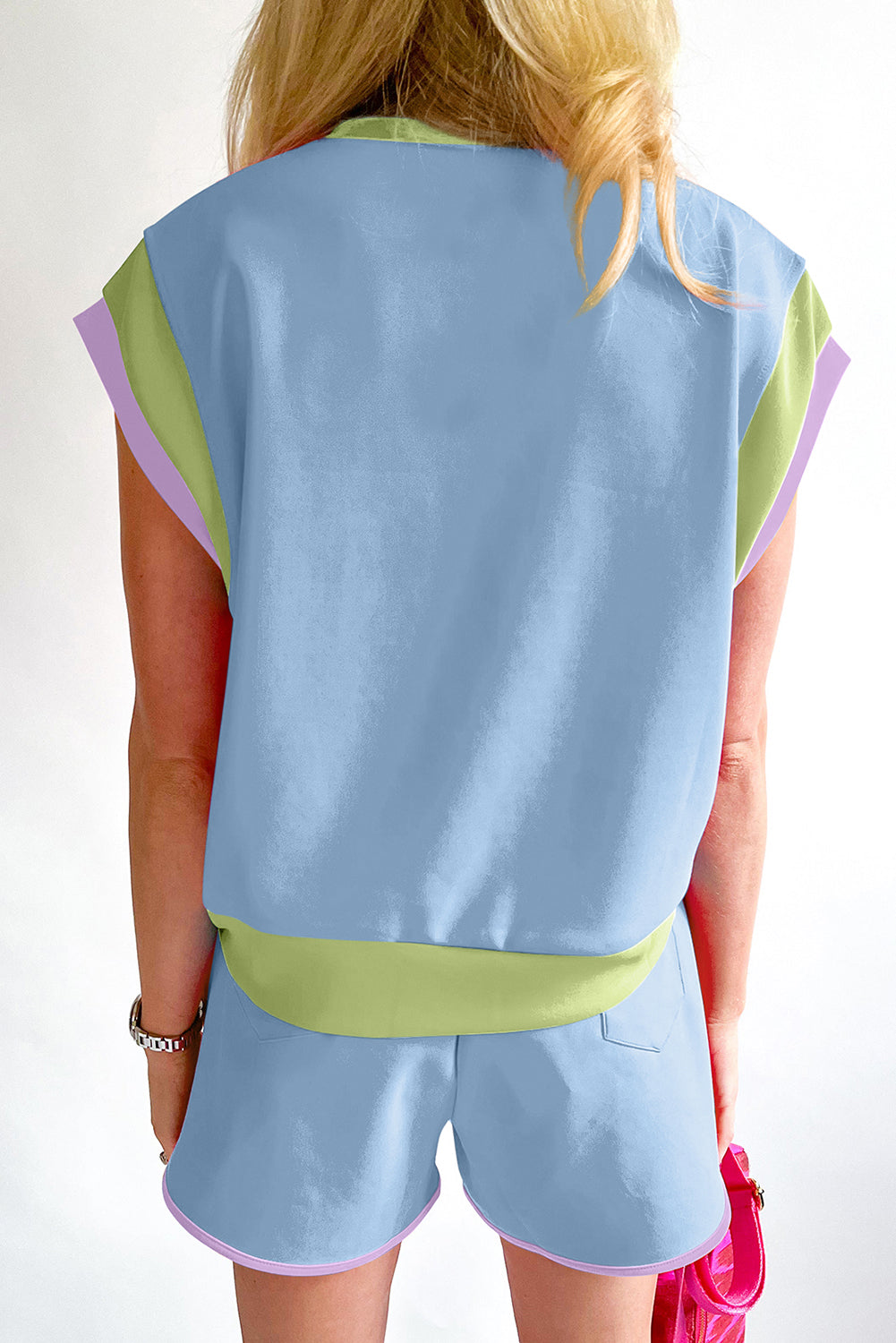 Blue Contrast Trim Cap Sleeve Tee Shorts Set Bottoms JT's Designer Fashion