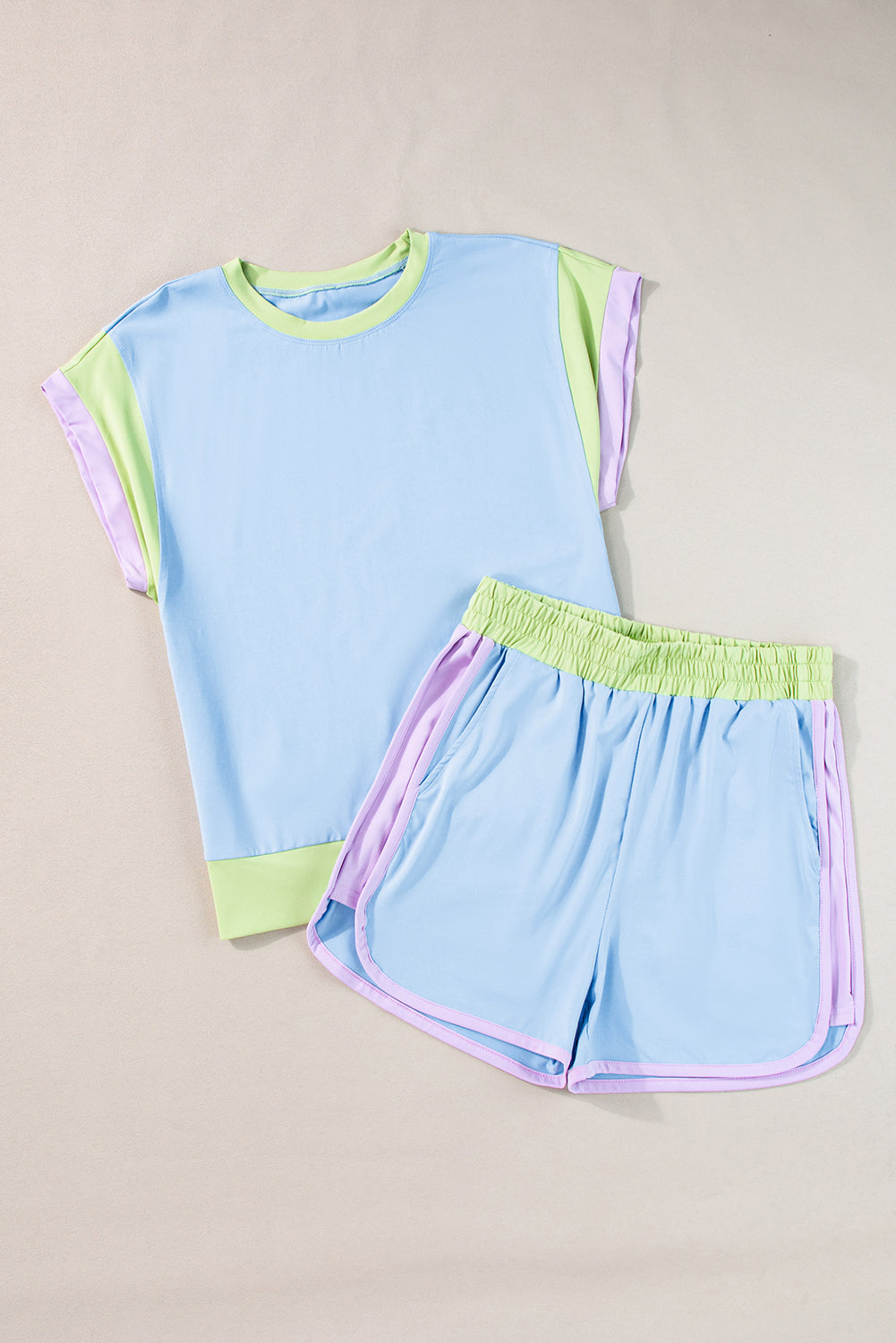 Blue Contrast Trim Cap Sleeve Tee Shorts Set Bottoms JT's Designer Fashion