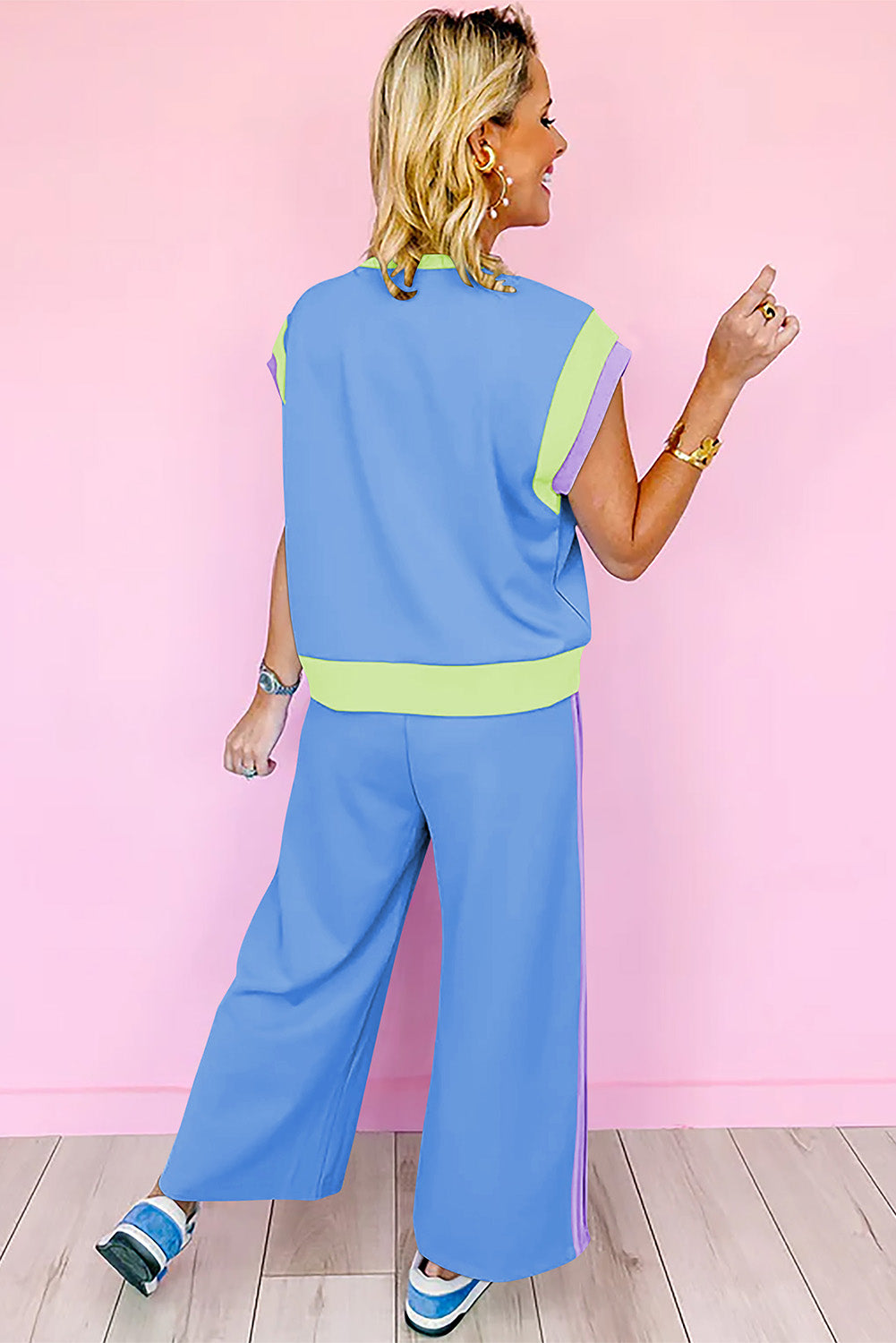 Sky Blue Color Block Detail Casual Two-piece Outfit Jumpsuits & Rompers JT's Designer Fashion