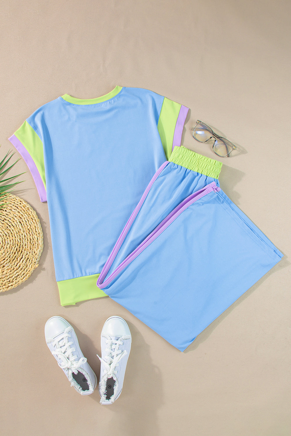 Sky Blue Color Block Detail Casual Two-piece Outfit Jumpsuits & Rompers JT's Designer Fashion