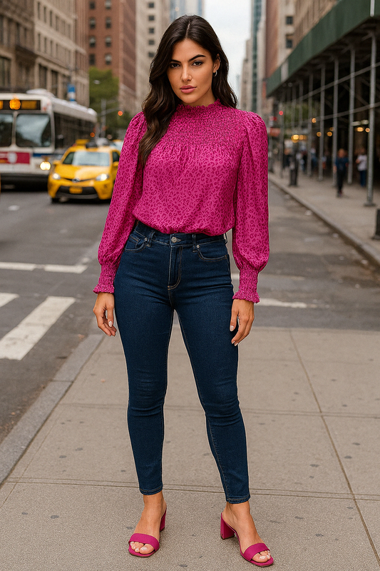 Rose Leopard Shirred Puff Sleeve Flowy Blouse Long Sleeve Tops JT's Designer Fashion
