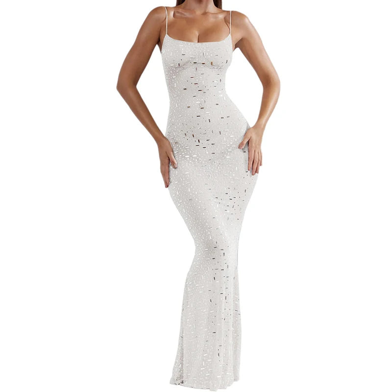 Sequin High Waist Backless Evening Maxi Dress 01 White Maxi Dresses JT's Designer Fashion