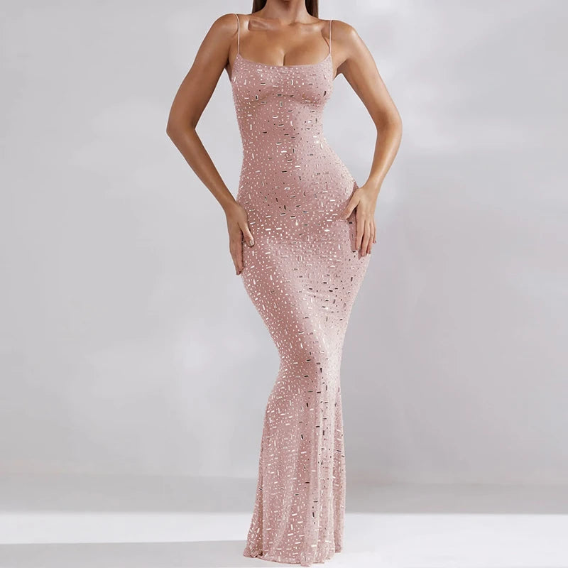 Sequin High Waist Backless Evening Maxi Dress 01 Pink Maxi Dresses JT's Designer Fashion