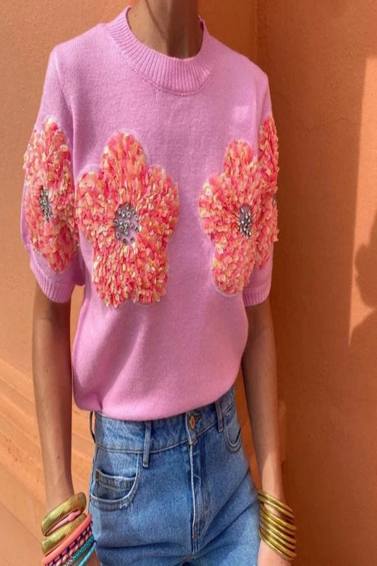 Women 3D Flower Knitted Short Sleeved Sweater Pink Tops & Tees JT's Designer Fashion