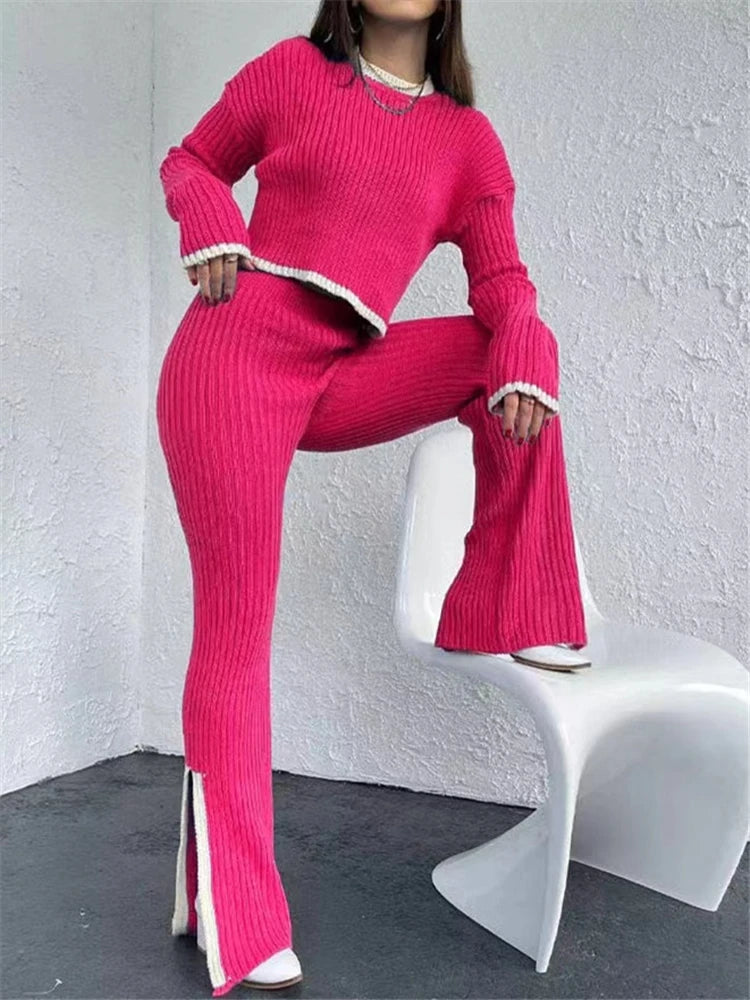 2 Pieces Women's Knitted Outfit Set Rose Red One Size Pant Sets JT's Designer Fashion