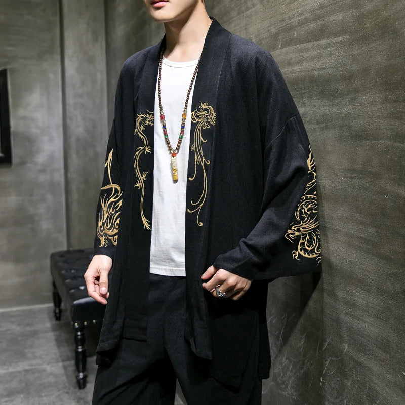 Mens Black and Gold Japanese Style Oversized Kimono Cardigan Kimonos JT's Designer Fashion