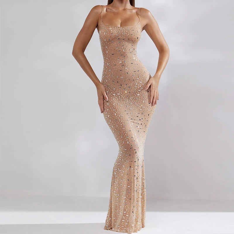 Sequin High Waist Backless Evening Maxi Dress 01 Nude Maxi Dresses JT's Designer Fashion