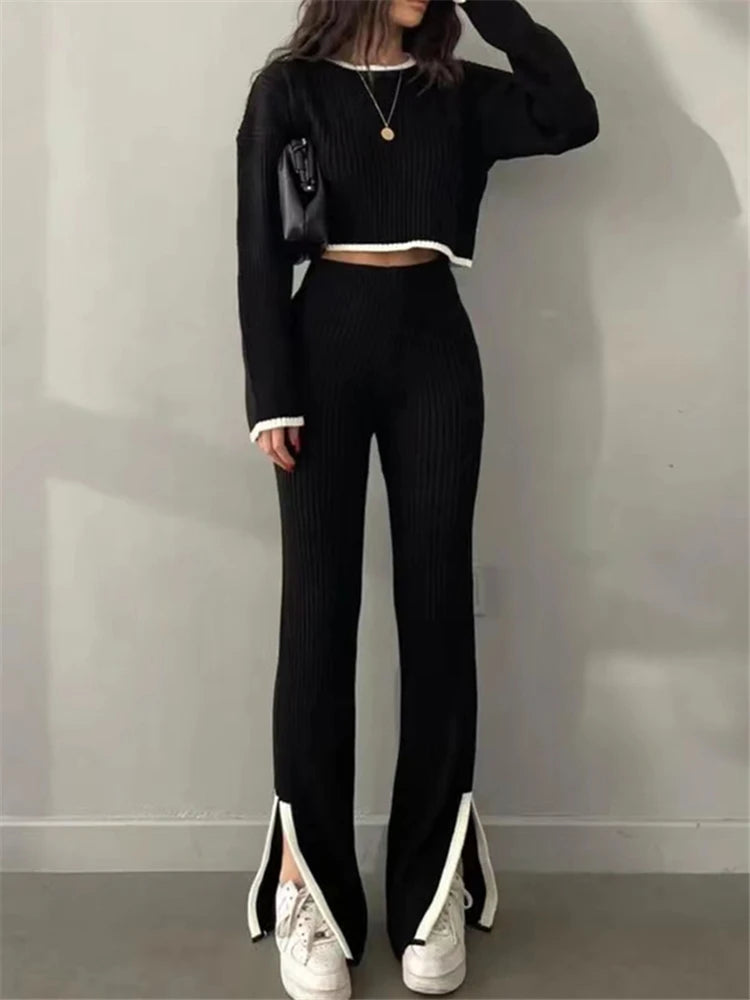 2 Pieces Women's Knitted Outfit Set black One Size Pant Sets JT's Designer Fashion