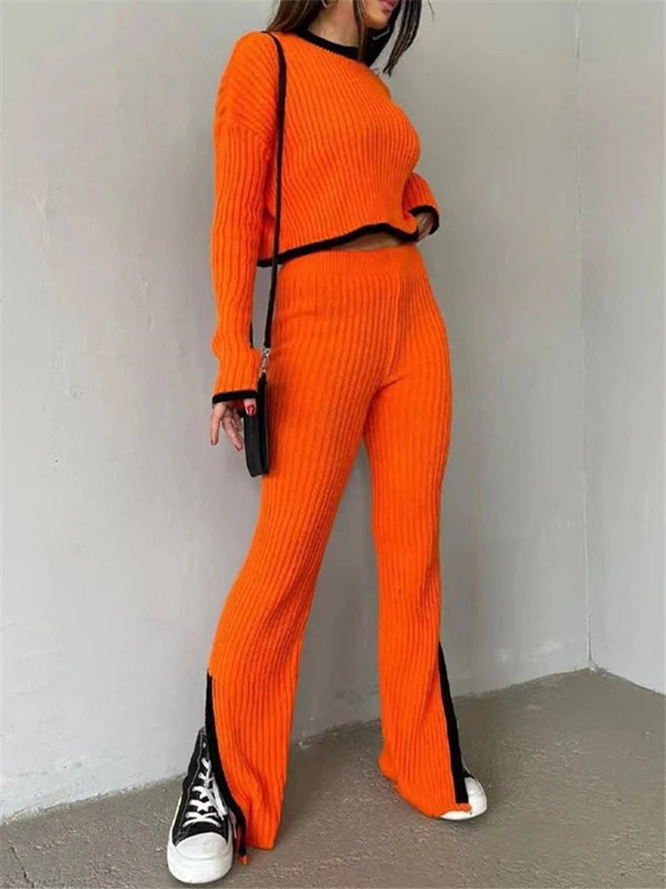 2 Pieces Women's Knitted Outfit Set Orange One Size Pant Sets JT's Designer Fashion