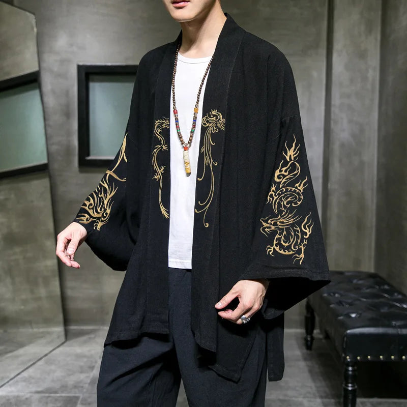 Mens Black and Gold Japanese Style Oversized Kimono Cardigan Kimonos JT's Designer Fashion