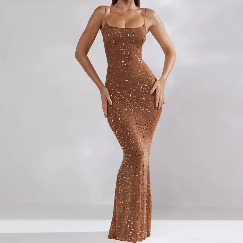 Sequin High Waist Backless Evening Maxi Dress 01 Brown Maxi Dresses JT's Designer Fashion