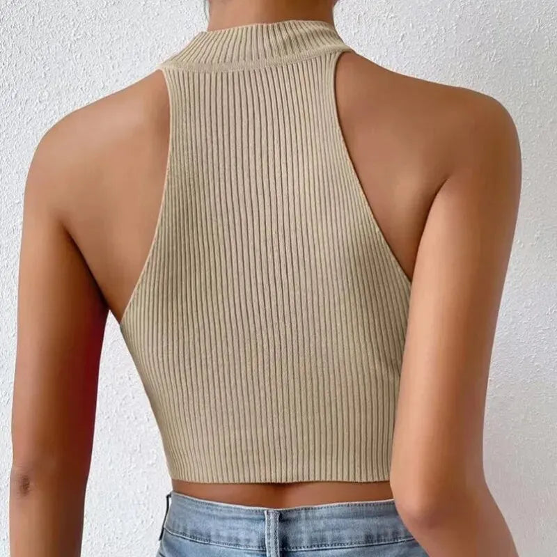 Knit Basic Sleeveless Halter Top Crop Tops JT's Designer Fashion