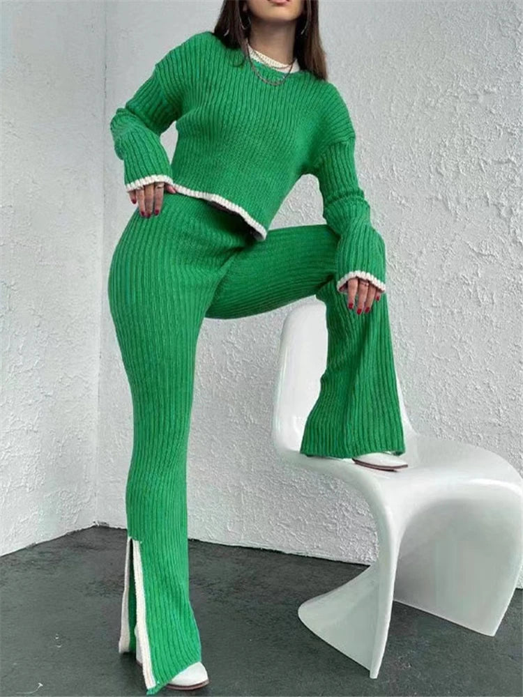 2 Pieces Women's Knitted Outfit Set green One Size Pant Sets JT's Designer Fashion