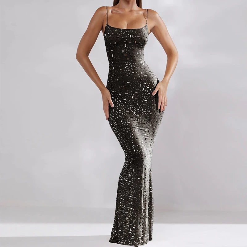 Sequin High Waist Backless Evening Maxi Dress 01 Black Maxi Dresses JT's Designer Fashion