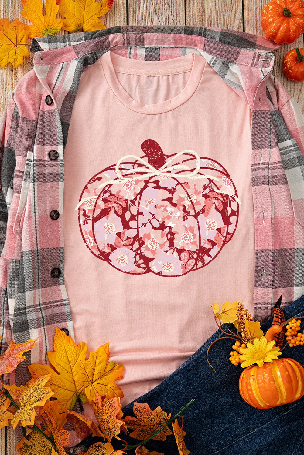 Pink Floral Pumpkin Print Crew Neck Casual T Shirt Graphic Tees JT's Designer Fashion