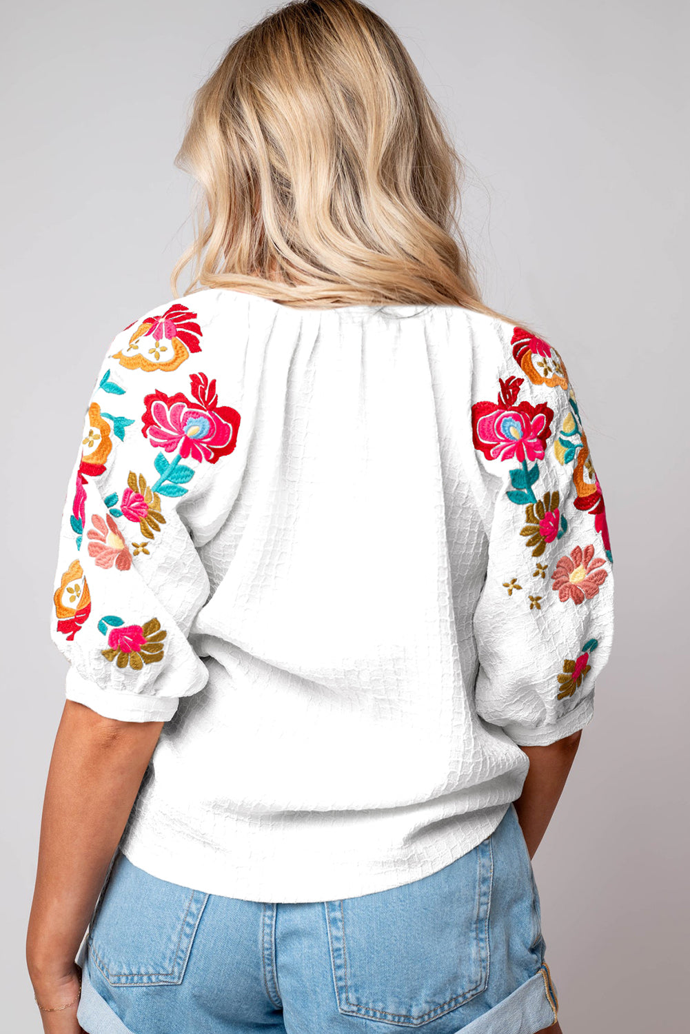 White Floral Embroidered Ricrac Puff Sleeve Textured Blouse Tops & Tees JT's Designer Fashion