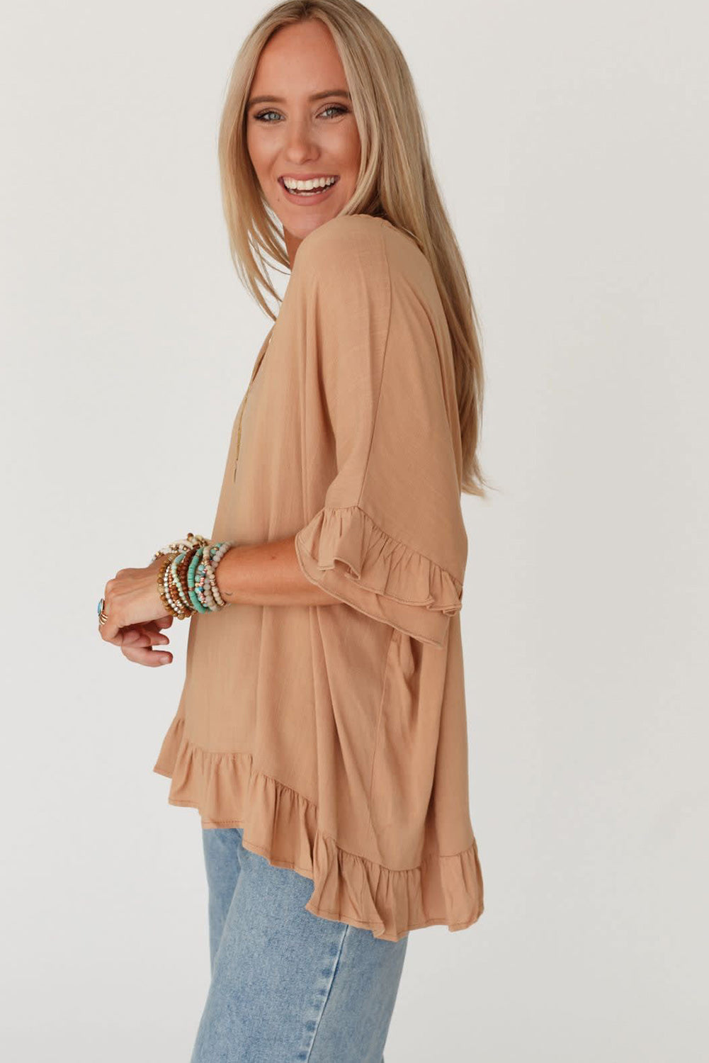 Light French Beige Solid Layered Ruffled Sleeve V Neck Blouse Tops & Tees JT's Designer Fashion