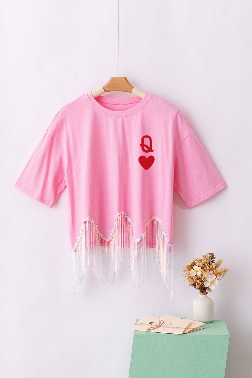 Pink Queen Card Sequin Fringed Hem T-shirt Graphic Tees JT's Designer Fashion