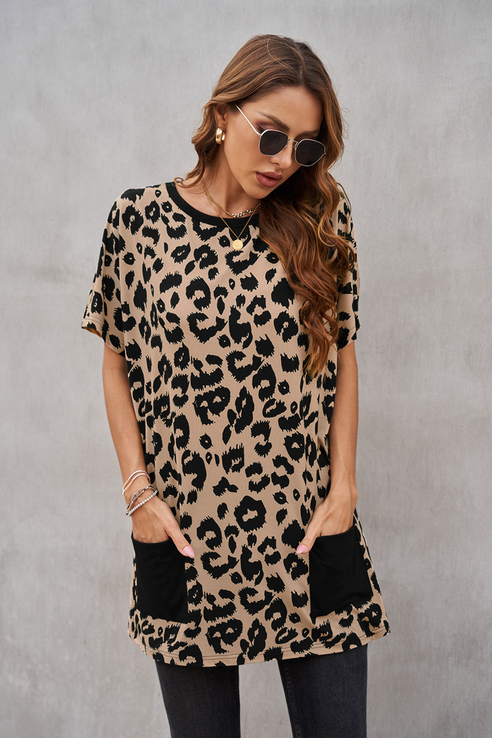 Leopard Print Pocketed T-shirt Mini Dress T Shirt Dresses JT's Designer Fashion