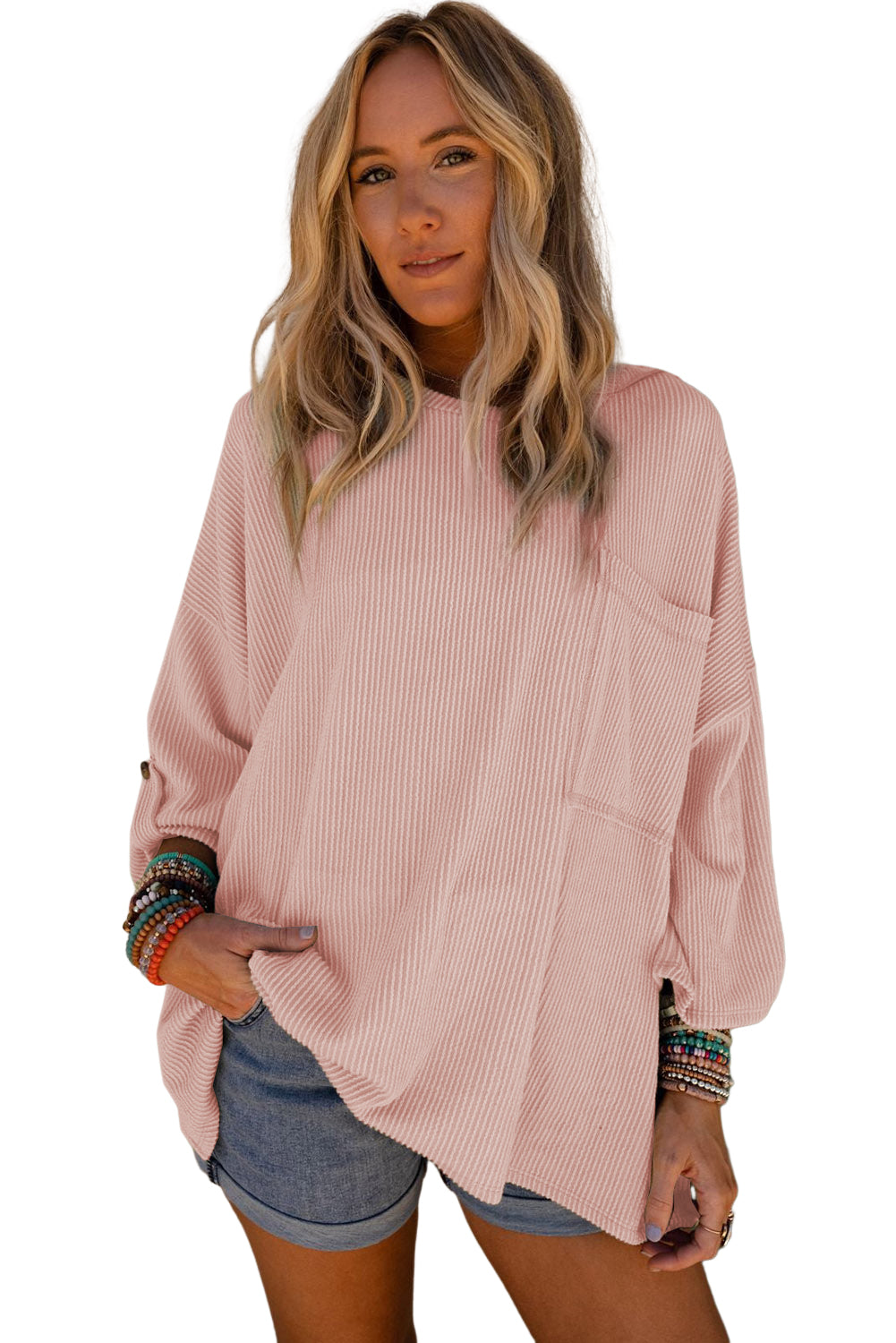 Pink Ribbed Roll-tab Sleeve Chest Pocket Oversize Top Long Sleeve Tops JT's Designer Fashion