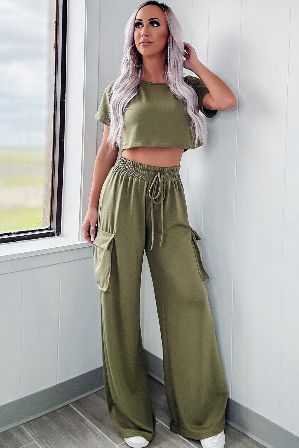 Jungle Green Solid Crop Tee and Drawstring Cargo Pant Set Bottoms JT's Designer Fashion