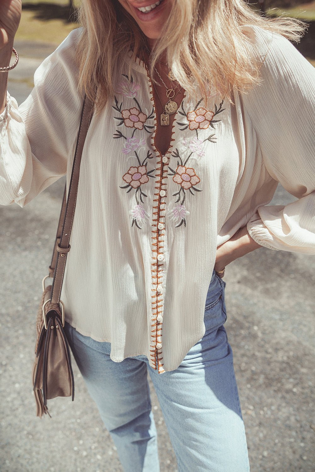 Beige Floral Embroidered Textured Puff Sleeve Loose Shirt Blouses & Shirts JT's Designer Fashion