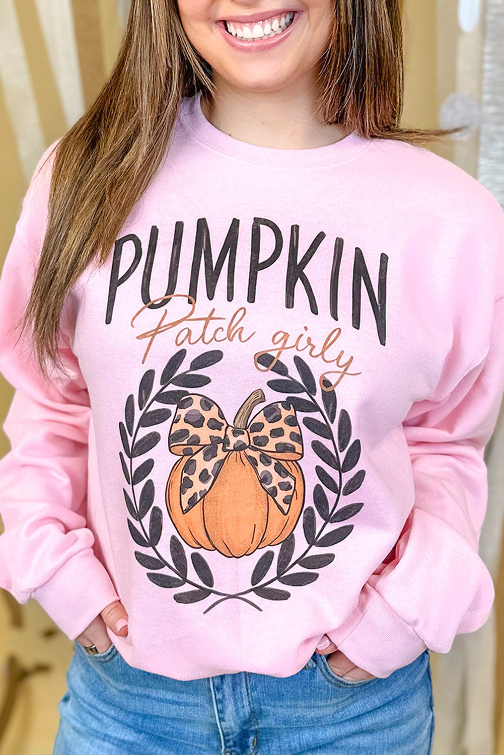 Pink Leopard Bowknot Pumpkin Graphic Halloween Sweatshirt Pink 50%Polyester+50%Cotton Graphic Sweatshirts JT's Designer Fashion