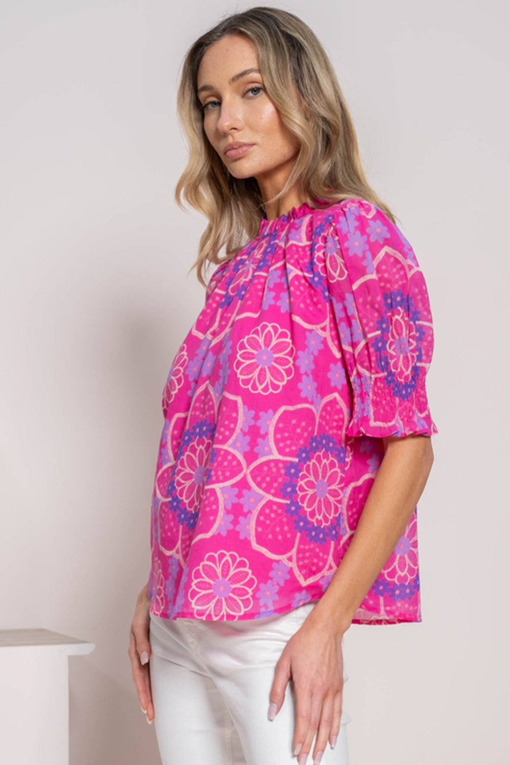 Rose Floral Print Frilled Neck Smocked Puff Sleeve Blouse Blouses & Shirts JT's Designer Fashion