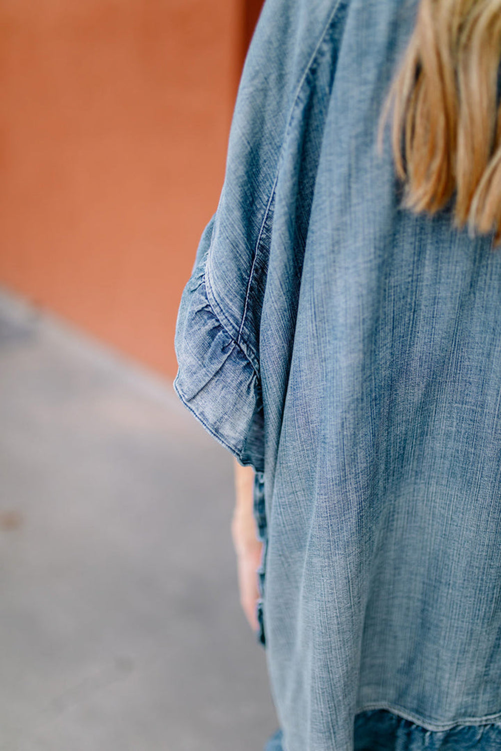 Dusk Blue Chambray Ruffle Hem Half Sleeve Open Loose Kimono Kimonos JT's Designer Fashion